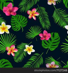Seamless hand drawn tropical vector pattern with orchid flowers and exotic palm leaves on dark background.