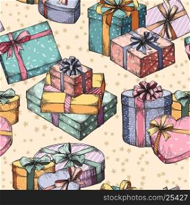 Seamless hand drawn vintage pattern. Gift boxes colorful sketch. Decorative backdrop for fabric, textile, wrapping paper, card, invitation, wallpaper, web design