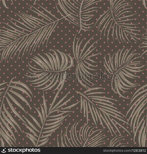 Seamless hand drawn vintage tropical pattern with areca leaves, jungle exotic leaf on polka dot brown background. Fashion textile print, summer floral wallpaper. Vector illustration. Seamless hand drawn vintage tropical pattern with areca leaves, jungle exotic leaf on brown background