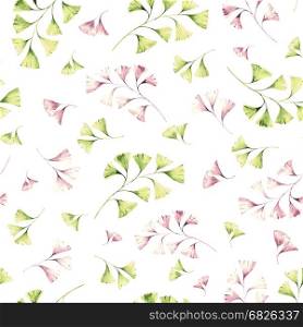 Seamless hand drawn watercolor pattern with pink and green spring plants. Romantic floral background for flyers, posters, placards, invitation, wedding, greeting and save the date cards.. Seamless watercolor pattern