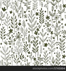 Seamless hands drawn spring pattern with grass and flowers. Vector illustration EPS10