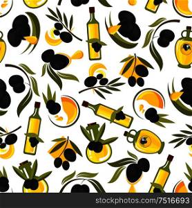 Seamless healthful olive oil pattern of olive tree leafy twigs with black fruits and oil drops, glass bottles with natural extra virgin olive oil on white background. Healthy food theme design usage. Healthful olive oil seamless pattern