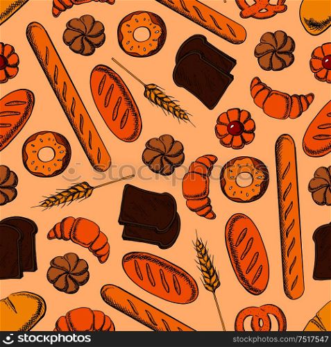 Seamless healthy rye bread slices and long loaves of multigrain bread, glazed donuts and buns, croissants, baguettes and butter cookies with fruity jam pattern on beige background with wheat ears. Seamless healthy bakery products retro pattern