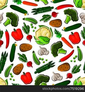 Seamless healthy vegetables pattern of fresh bell pepper, carrot, chilli, broccoli, garlic, green pea, cucumber, radish, potato, cauliflower and asparagus vegetables. Seamless veggies pattern for farming design