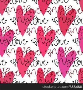 Seamless hearts pattern with text My Love. Vector texture. Hand drawn ornament for wrapping paper, kids textile design or fashion prints. Valentines day or wedding decoration. Seamless hearts pattern with text My Love. Vector texture. Hand drawn ornament for wrapping paper, kids textile design or fashion prints. Valentines day or wedding decoration.