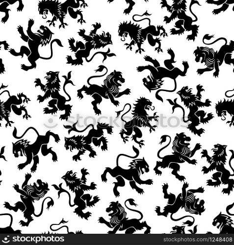 Seamless heraldic lions rampant pattern with black profile silhouettes of medieval royal lions with raised forepaws on white background. Use as crest, coat of arms or heraldry design