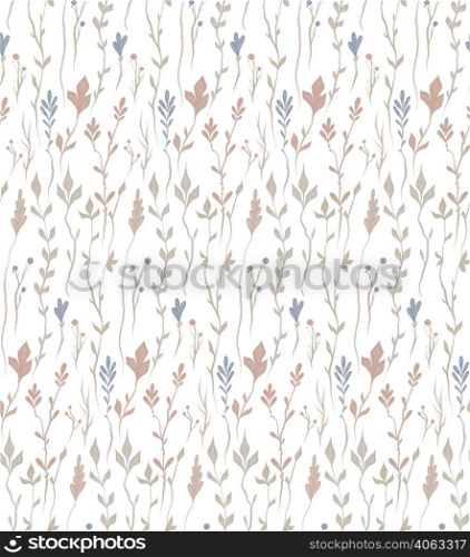 Seamless herbal pattern in pastel colors on white background. Vector delicate botanical texture with stems and twigs in row for wallpaper. Pastel fabric swatch with floral ornament. Seamless herbal pattern in pastel colors on white background. Vector delicate botanical texture with stems and twigs in row for wallpaper