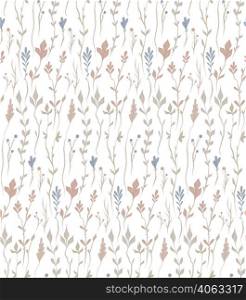 Seamless herbal pattern in pastel colors on white background. Vector delicate botanical texture with stems and twigs in row for wallpaper. Pastel fabric swatch with floral ornament. Seamless herbal pattern in pastel colors on white background. Vector delicate botanical texture with stems and twigs in row for wallpaper
