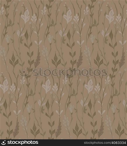 Seamless herbal pattern in sepia colors. Vector faded botanical texture with stems and twigs on beige background. Fabric swatch with floral ornament. Grasses with foliage and berries. Seamless herbal pattern in sepia colors. Vector faded botanical texture with stems and twigs on beige background. Fabric swatch