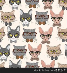 Seamless hipster cats pattern background vector illustration