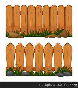 Seamless horizontal backgrounds with wooden fences. Vector cartoon illustrations. Wooden barrier for farm protection. Seamless horizontal backgrounds with wooden fences. Vector cartoon illustrations