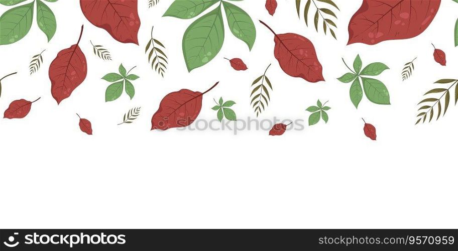 Seamless horizontal banner pattern with autumn fall green and red leaves. Perfect for wallpaper, wrapping paper, web sites, background, social media, blog and greeting cards, advertising