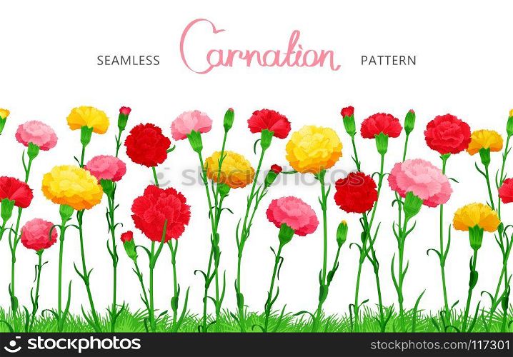 Seamless horizontal border of Carnation flowers. The multicolored buds on long stems with grass. Ample filling space design. Flower seamless border