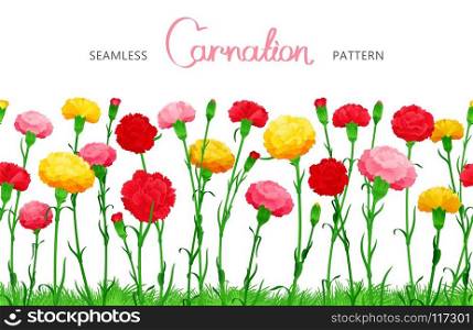 Seamless horizontal border of Carnation flowers. The multicolored buds on long stems with grass. Ample filling space design. Flower seamless border