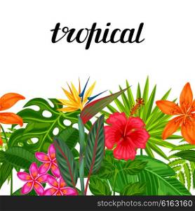 Seamless horizontal border with tropical plants, leaves and flowers. Background made without clipping mask. Easy to use for backdrop, textile, wrapping paper.