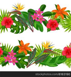 Seamless horizontal borders with tropical plants, leaves and flowers. Background made without clipping mask. Easy to use for backdrop, textile, wrapping paper. Seamless horizontal borders with tropical plants, leaves and flowers. Background made without clipping mask. Easy to use for backdrop, textile, wrapping paper.