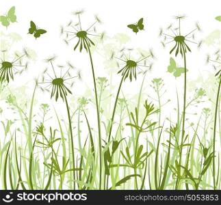 Seamless horizontal floral background with green grass, dandelions and butterflies