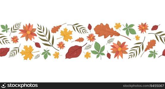 Seamless horizontal pattern with autumn fall leaves in Beige, Red, Brown, green and Yellow. Perfect banner for wallpaper, wrapping paper, web sites, background, social media, blog and greeting cards.