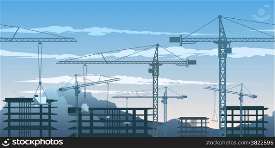 Seamless horizontal pattern with building yard and cranes.