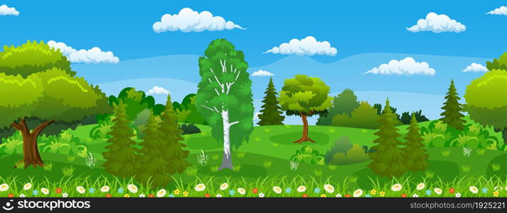Seamless Horizontal Summer or spring Landscape, Forest with Birches and Fir Trees, Flowers, Green Grass and Blue Sky with Clouds. Vector illustration. Seamless Horizontal Summer Landscape,