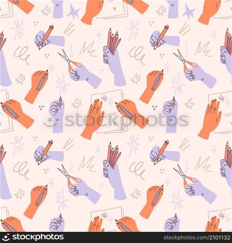 Seamless human hands pattern. Arms hold various stationery. Persons write or paint with pencil. Palms hold pens and cut scissors. Draw funny abstract doodles on paper piece. Vector background design. Seamless human hands pattern. Arms hold various stationery. Persons write with pencil. Palms hold pens and cut scissors. Draw funny doodles on paper piece. Vector background design