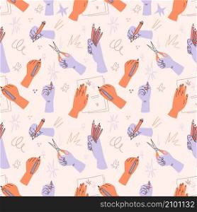 Seamless human hands pattern. Arms hold various stationery. Persons write or paint with pencil. Palms hold pens and cut scissors. Draw funny abstract doodles on paper piece. Vector background design. Seamless human hands pattern. Arms hold various stationery. Persons write with pencil. Palms hold pens and cut scissors. Draw funny doodles on paper piece. Vector background design