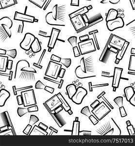 Seamless hygiene and bathroom accessories pattern with outline silhouettes of soap bars, shower heads, toothbrushes and toothpaste, shaving items, shampoo and lotion bottles, hair brushes over white background. Health care, medicine, hygiene theme . Bathroom and hygiene accessories seamless pattern