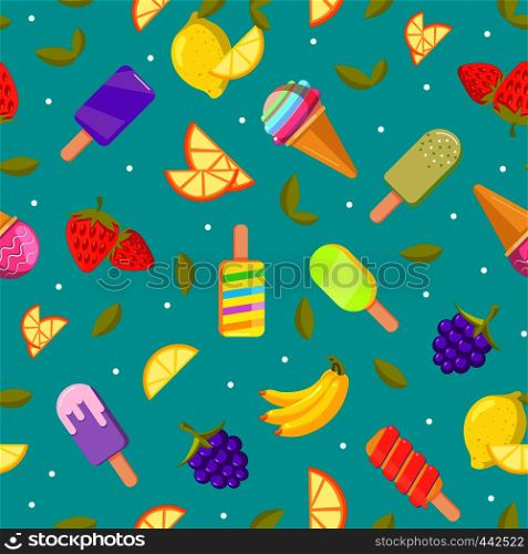 Seamless ice cream pattern. Colorful cartoon background with fruit and ice cream. Vector illustration. Seamless ice cream pattern. Colorful cartoon background with fruit and ice cream