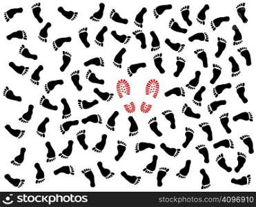 seamless illustration of bootless imprints with two red foot prints