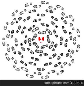 seamless illustration of foot prints with two red woman boot imprints in round