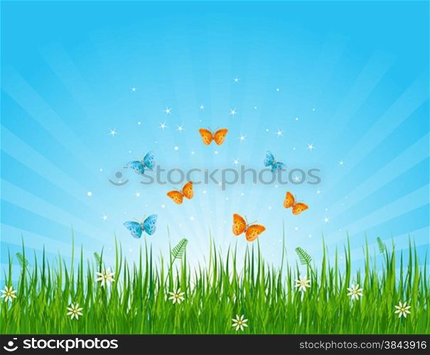 Seamless illustration of grassy field and butterflies
