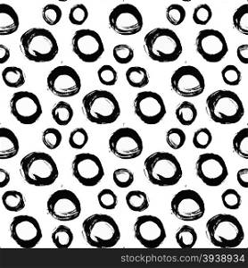 Seamless ink brush painted pattern with black circles. Vector illustration. Black and white grunge pattern. Can be used for tags, flyers, banners, web, print, textile and paper designs