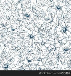 Seamless ink hand drawn graphic wild rose seamless pattern. Vector flower background illustration. Decorative backdrop for fabric, textile, wrapping paper, card, invitation, wallpaper, web design.