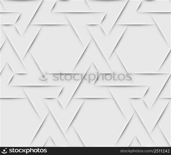 Seamless islam pattern with triangular and hexagonal cells made from shadows and lights in origami style. White arabic background