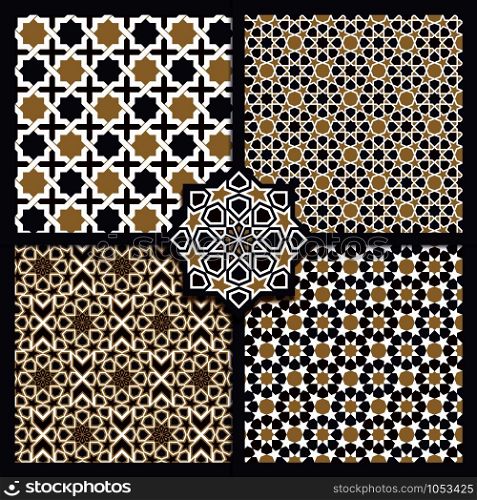 Seamless Islamic color patterns set. Vector ornament texture. Seamless Islamic color patterns set