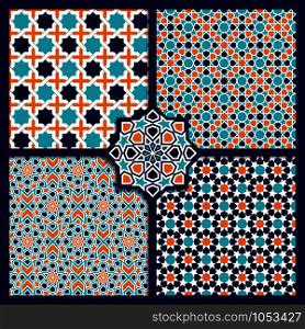 Seamless Islamic color patterns set. Vector ornament texture. Seamless Islamic color patterns set