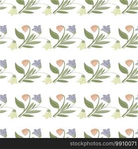 Seamless isolated pattern with doodle stylized forest flowers elements. Pastel green and blue colored print on white background. For fabric design, textile print, wrapping, cover. Vector illustration. Seamless isolated pattern with doodle stylized forest flowers elements. Pastel green and blue colored print on white background.