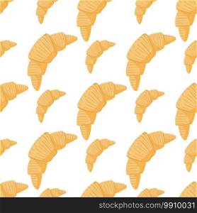 Seamless isolated pattern with paris croissants breakfast print. Tasty food backdrop with orange dessert and white background. For fabric design, textile print, wrapping, cover. Vector illustration. Seamless isolated pattern with paris croissants breakfast print. Tasty food backdrop with orange dessert and white background.