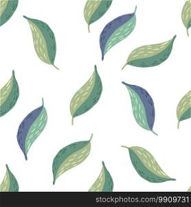 Seamless isolated spring pattern with random located green colored leaf silhouettes. White background. Great for wallpaper, textile, wrapping paper, fabric print. Vector illustration.. Seamless isolated spring pattern with random located green colored leaf silhouettes. White background.