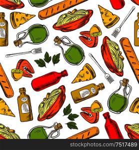 Seamless italian food background with seamless pattern of pasta seasoned with basil leaves and salmon steaks with fresh lemon, bottles of olive oil and red wine, cheese and loaves of ciabatta. Mediterranean cuisine design. Seamless italian cuisine dishes and drinks pattern
