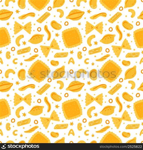 Seamless Italian pasta pattern. Traditional cuisine ingredients. Cartoon flour products. Dough food. Ravioli and cellentani. Different macaroni types. Tagliatelle and spaghetti. Vector background. Seamless Italian pasta pattern. Traditional cuisine food ingredients. Flour products. Ravioli and cellentani. Different macaroni types. Tagliatelle and spaghetti. Vector background