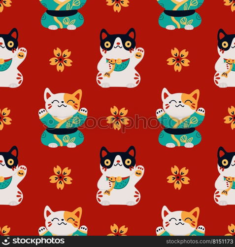 Seamless Japanese maneki cats. Lucky Asian symbols background. Cute traditional souvenir. Kittens with raised foot. Sakura flower. Oriental print with fortune or wealth talisman. Garish vector pattern. Seamless Japanese maneki cats. Lucky Asian symbols background. Traditional souvenir. Kittens with raised foot. Sakura flower. Oriental print with fortune talisman. Garish vector pattern