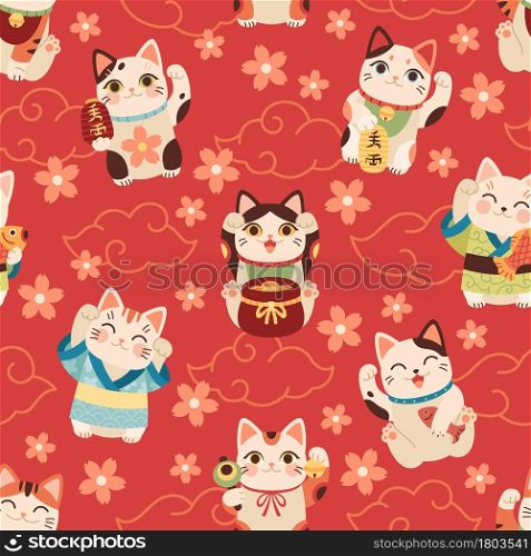 Seamless japanese maneki cats pattern. Lucky asian symbols, cartoon fun characters, kittens with raised paw hold coins, flashlights on red background. Decor textile, wrapping wallpaper vector print. Seamless japanese maneki cats pattern. Lucky asian symbols, cartoon fun characters, kittens with raised paw hold coins, flashlights on red. Decor textile, wrapping wallpaper vector print