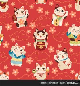 Seamless japanese maneki cats pattern. Lucky asian symbols, cartoon fun characters, kittens with raised paw hold coins, flashlights on red background. Decor textile, wrapping wallpaper vector print. Seamless japanese maneki cats pattern. Lucky asian symbols, cartoon fun characters, kittens with raised paw hold coins, flashlights on red. Decor textile, wrapping wallpaper vector print