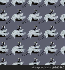 Seamless japanese pattern with light crane bird shapes. Dark grey background. Doodle simple design. Designed for fabric design, textile print, wrapping, cover. Vector illustration. Seamless japanese pattern with light crane bird shapes. Dark grey background. Doodle simple design.