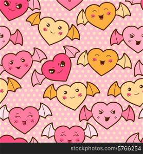 Seamless kawaii cartoon pattern with cute hearts.