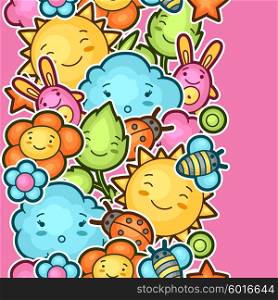 Seamless kawaii child pattern with cute doodles. Spring collection of cheerful cartoon characters sun, cloud, flower, leaf, beetles and decorative objects.