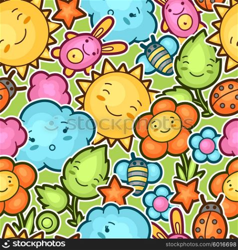 Seamless kawaii child pattern with cute doodles. Spring collection of cheerful cartoon characters sun, cloud, flower, leaf, beetles and decorative objects.