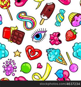 Seamless kawaii pattern with sweets and candies. Crazy sweet-stuff in cartoon style. Seamless kawaii pattern with sweets and candies. Crazy sweet-stuff in cartoon style.