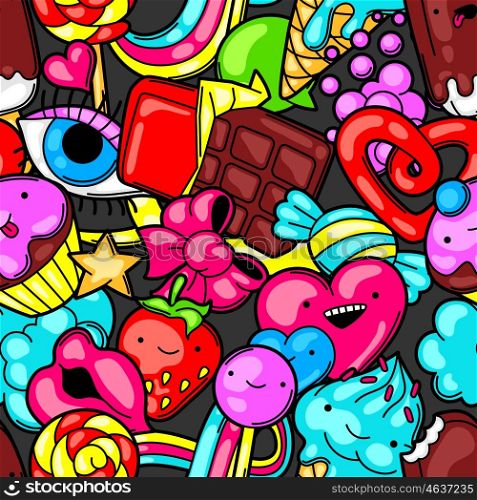 Seamless kawaii pattern with sweets and candies. Crazy sweet-stuff in cartoon style. Seamless kawaii pattern with sweets and candies. Crazy sweet-stuff in cartoon style.